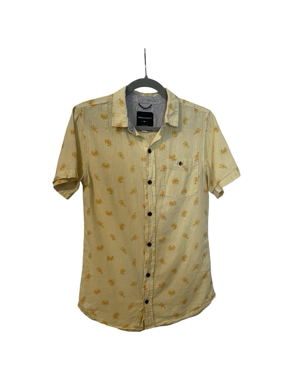 Modern Amusement Men’s S Yellow Lobster Crab Print Linen Blend Short  Button Up